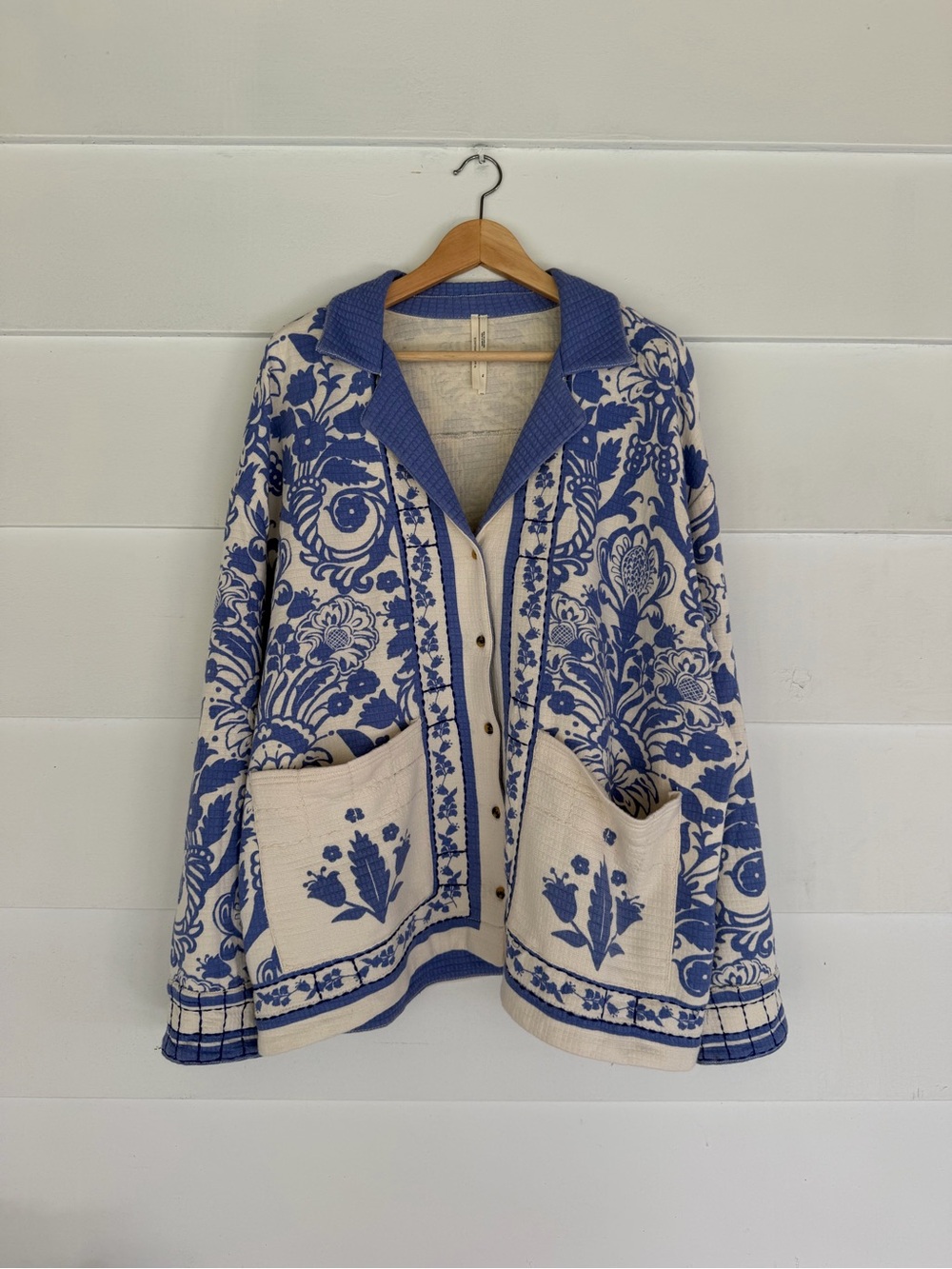 Anthropologie Cream Cardigan with Blue Floral Jacquard